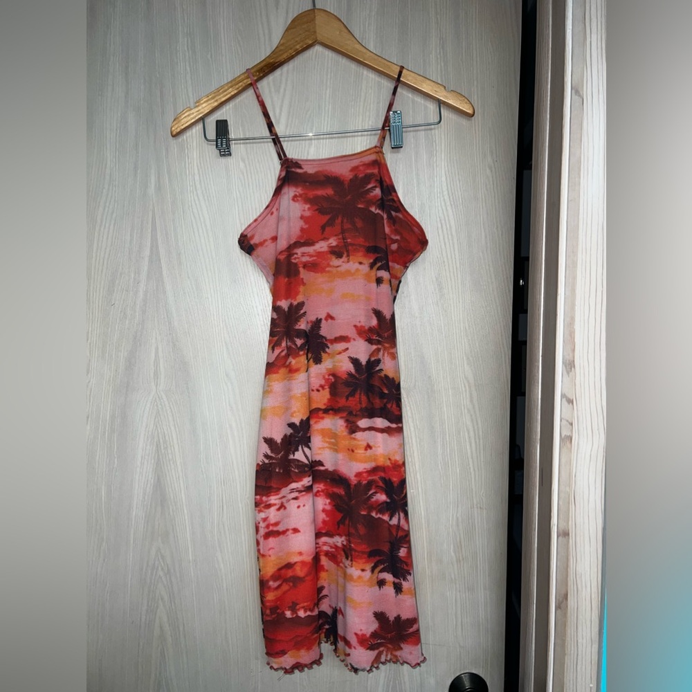 Pink/Orange Palm tree / sunset dress with adjustable straps